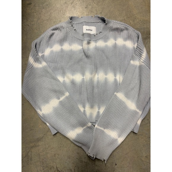 pistola Sweaters - Pistola Light Blue White Tie Dye Distressed Ribbed Knit Cropped Sweater XS